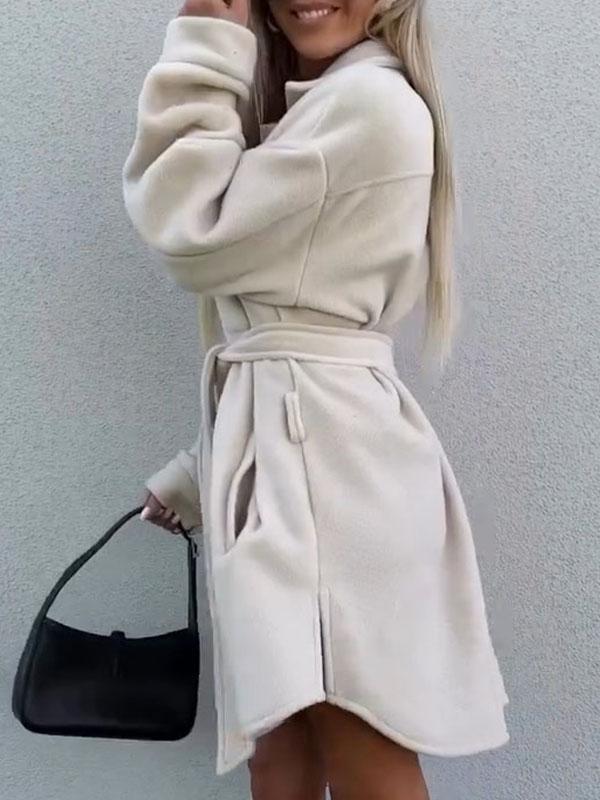 Women's Lapel Plush Waist Long Coat