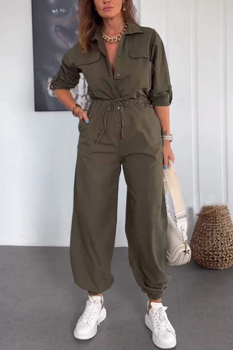 Women's Lapel Drawstring Jumpsuit