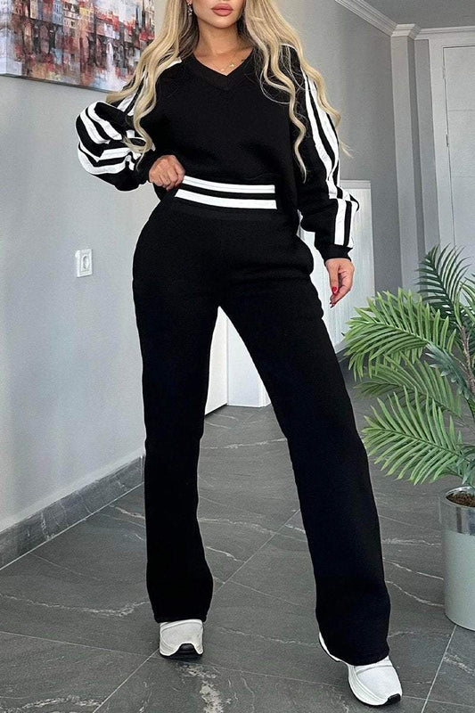 V-neck Long-sleeved Striped Design Casual Sweatshirt Suit