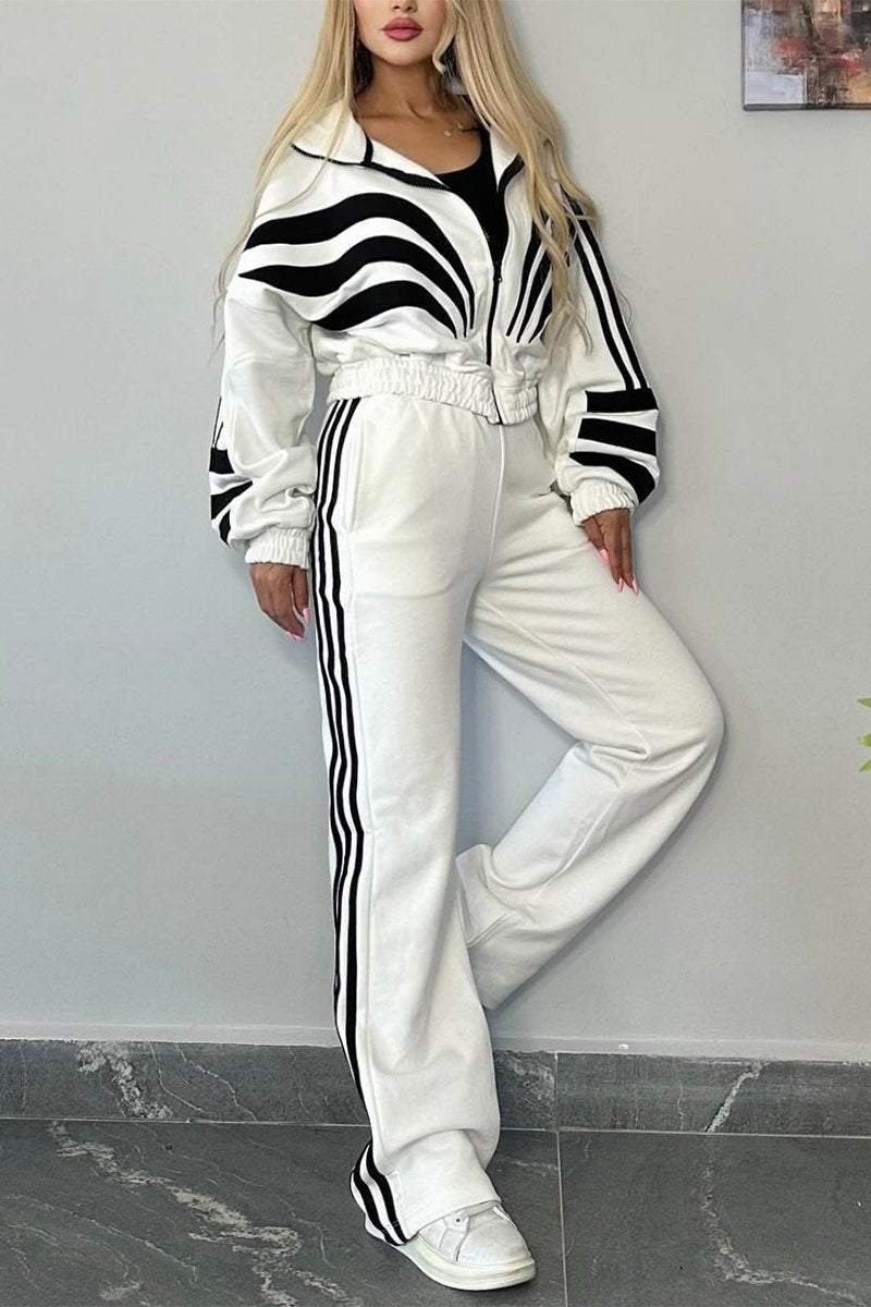 Women's Contrast Color Long Sleeve Pants Suit