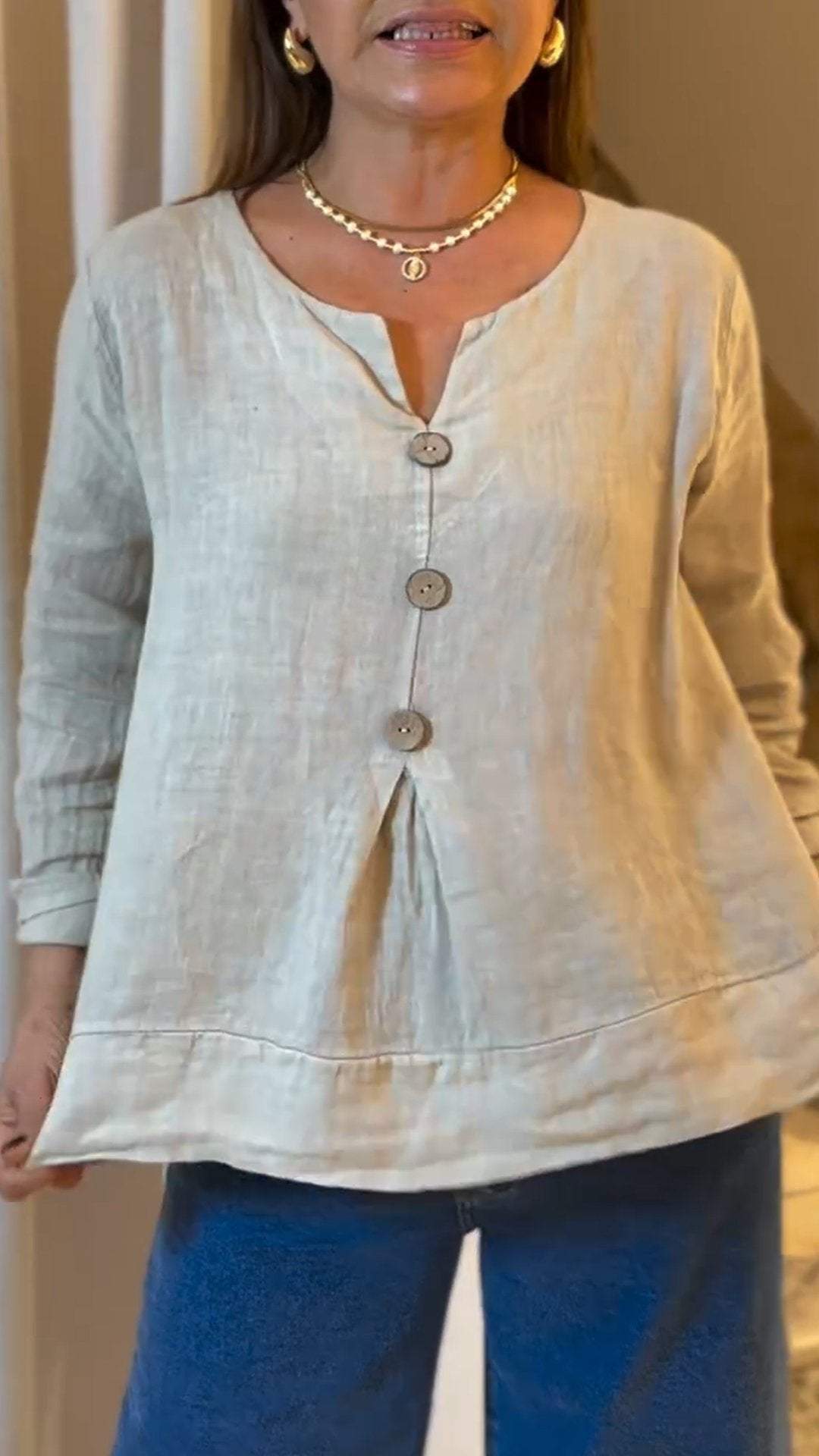 Women's V-neck Long-sleeved Cotton and Linen Casual Top