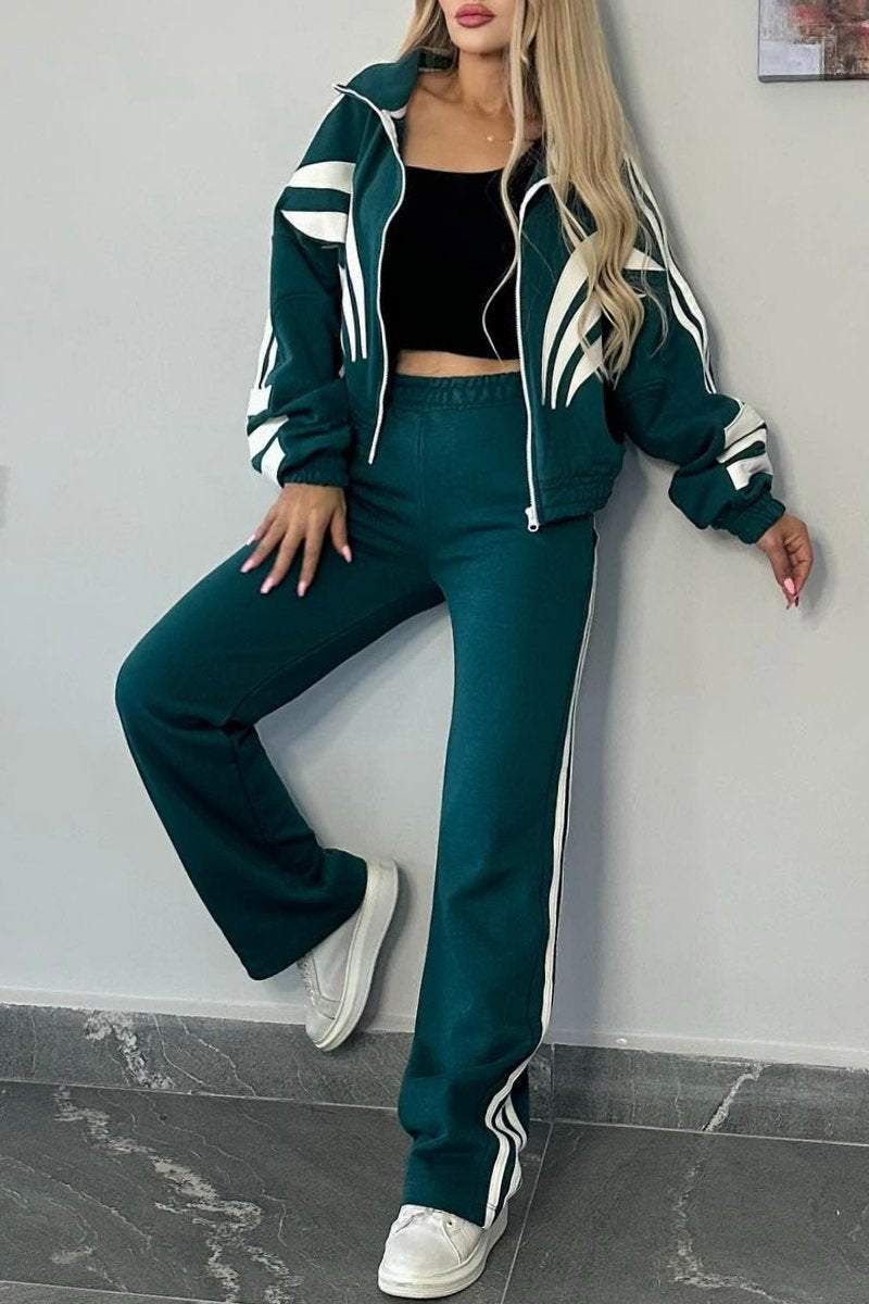 Women's Contrast Color Long Sleeve Pants Suit