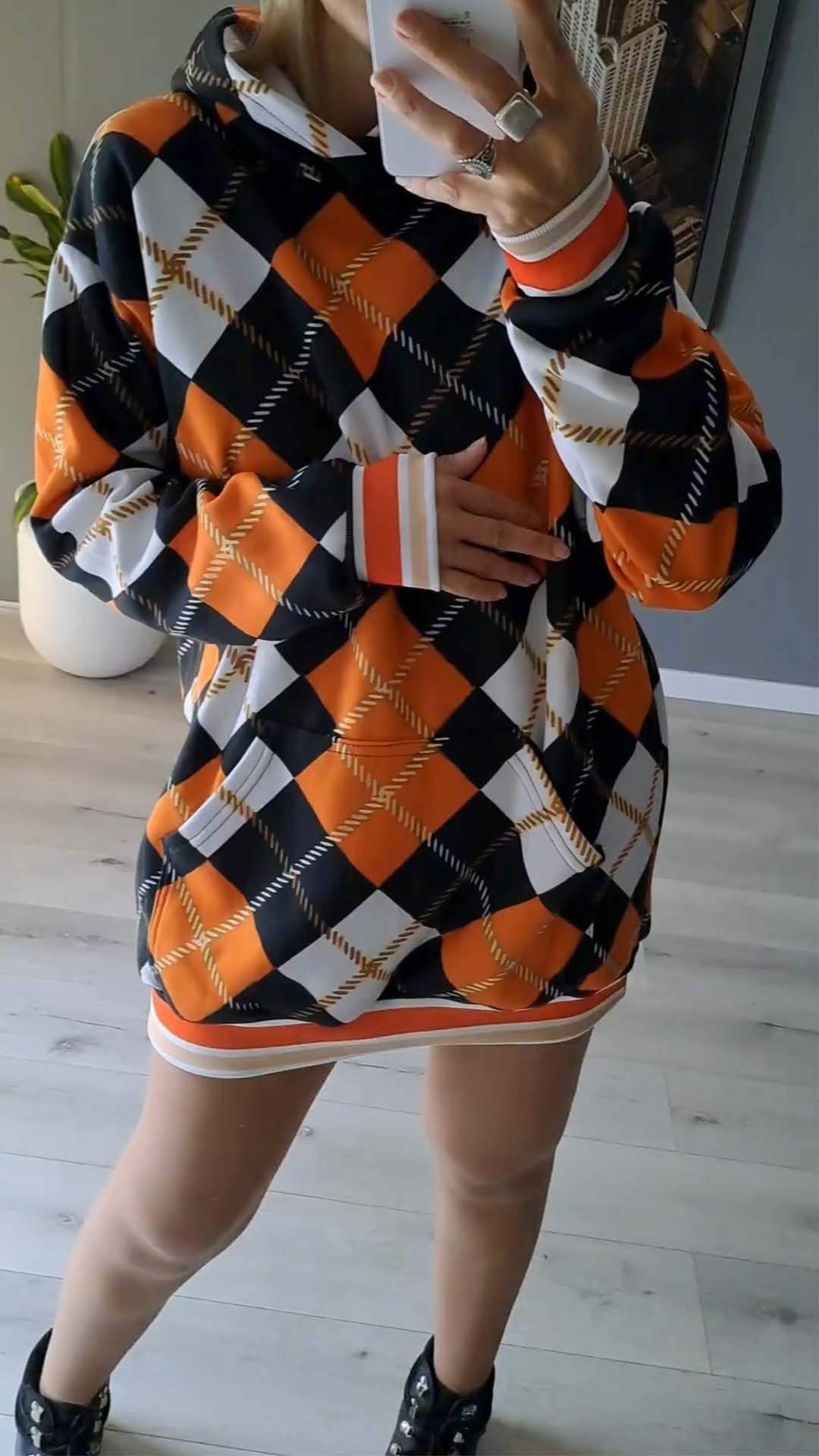 Women's Halloween Casual Plaid Print Hoodie