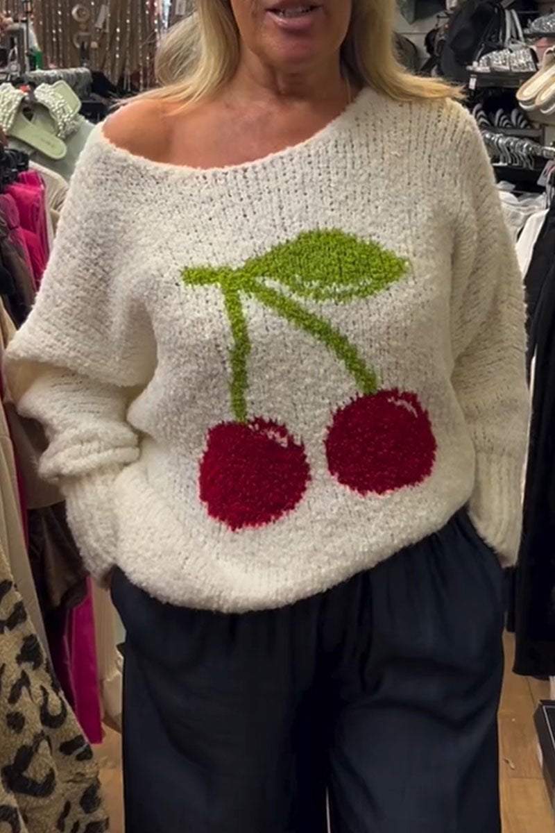 Women's Casual Cherry Print Crew Neck Long Sleeve Sweater