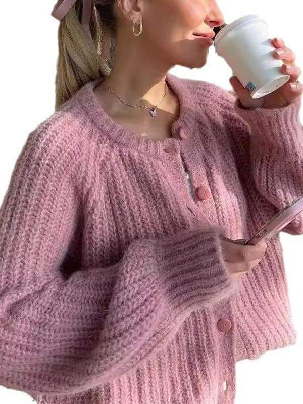 Women's Round Neck Single Breasted Solid Color Knitted Cardigan