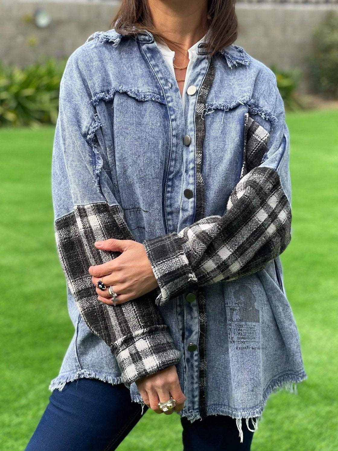 Women's Casual Plaid Patchwork Denim Jacket