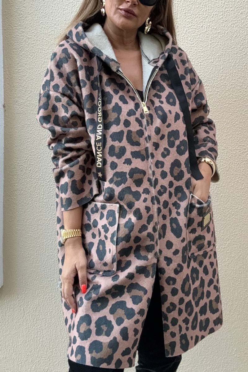 Women's Casual Loose Leopard Print Hooded Coat