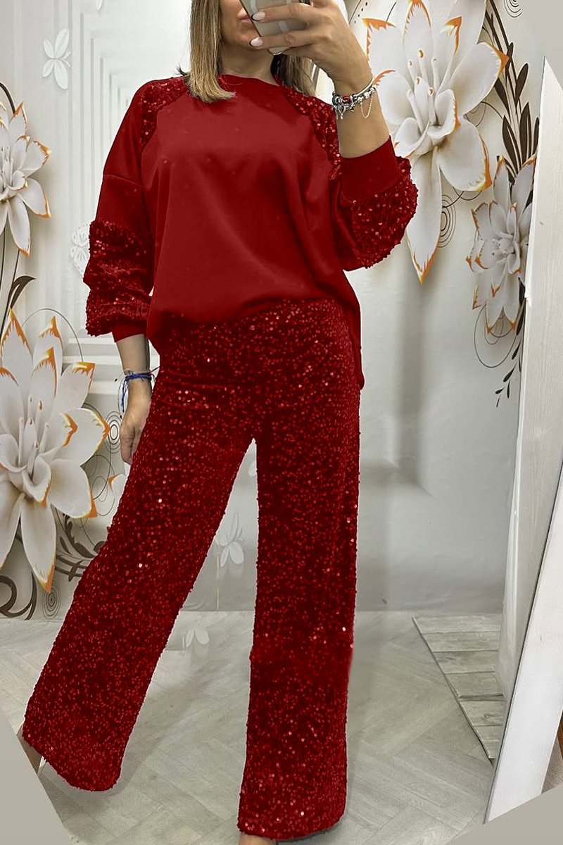 Women's Fashion Sequin Patchwork Top and Pants Two-Piece Set