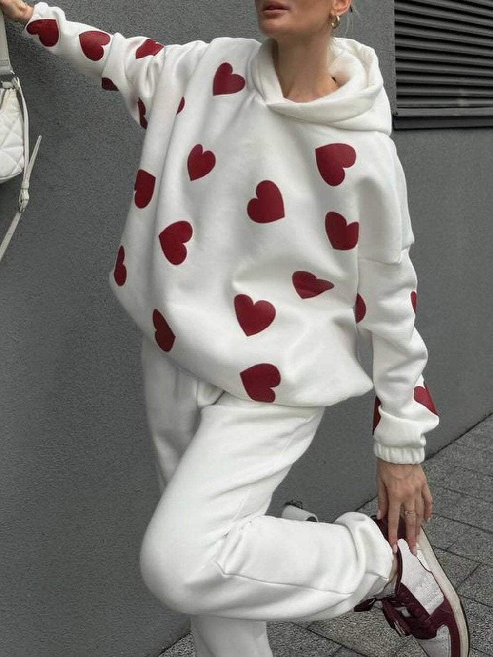 Women's Casual Heart Print Hooded Pants Set