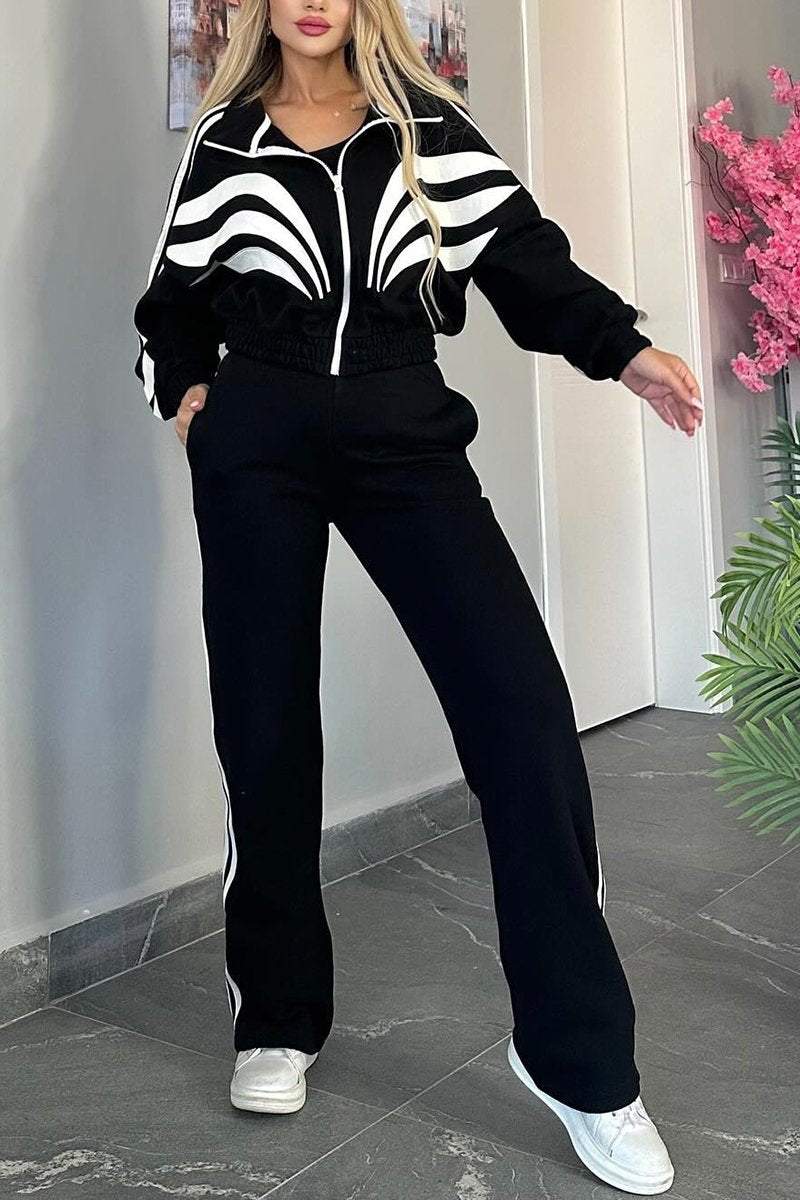 Women's Contrast Color Long Sleeve Pants Suit