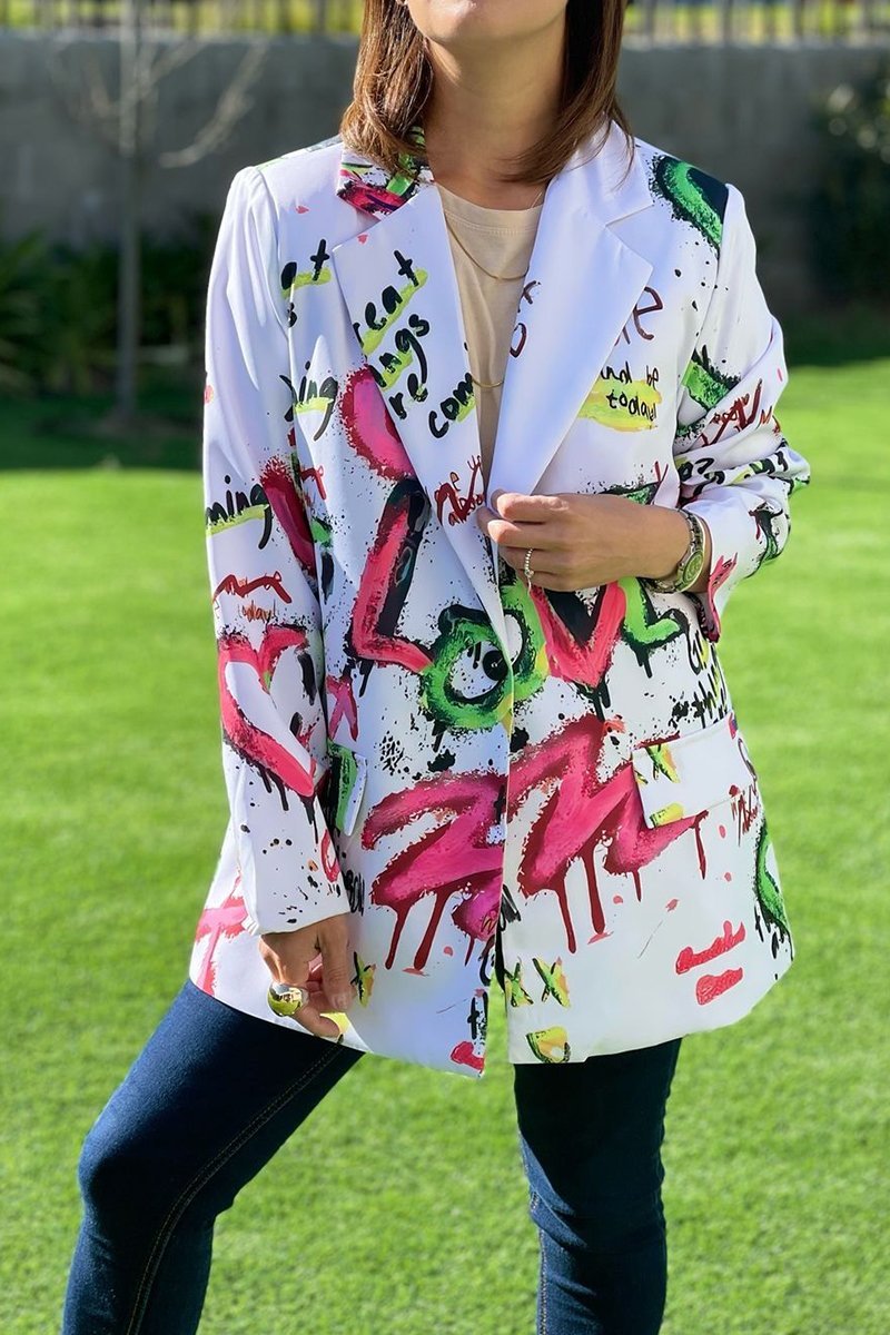 Women's Spring-fall Letter-print Blazer with Lapel