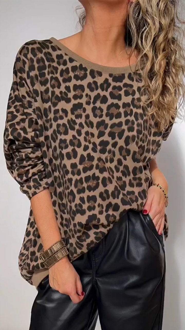 Women's Round Neck Leopard Print Zipper Casual Top