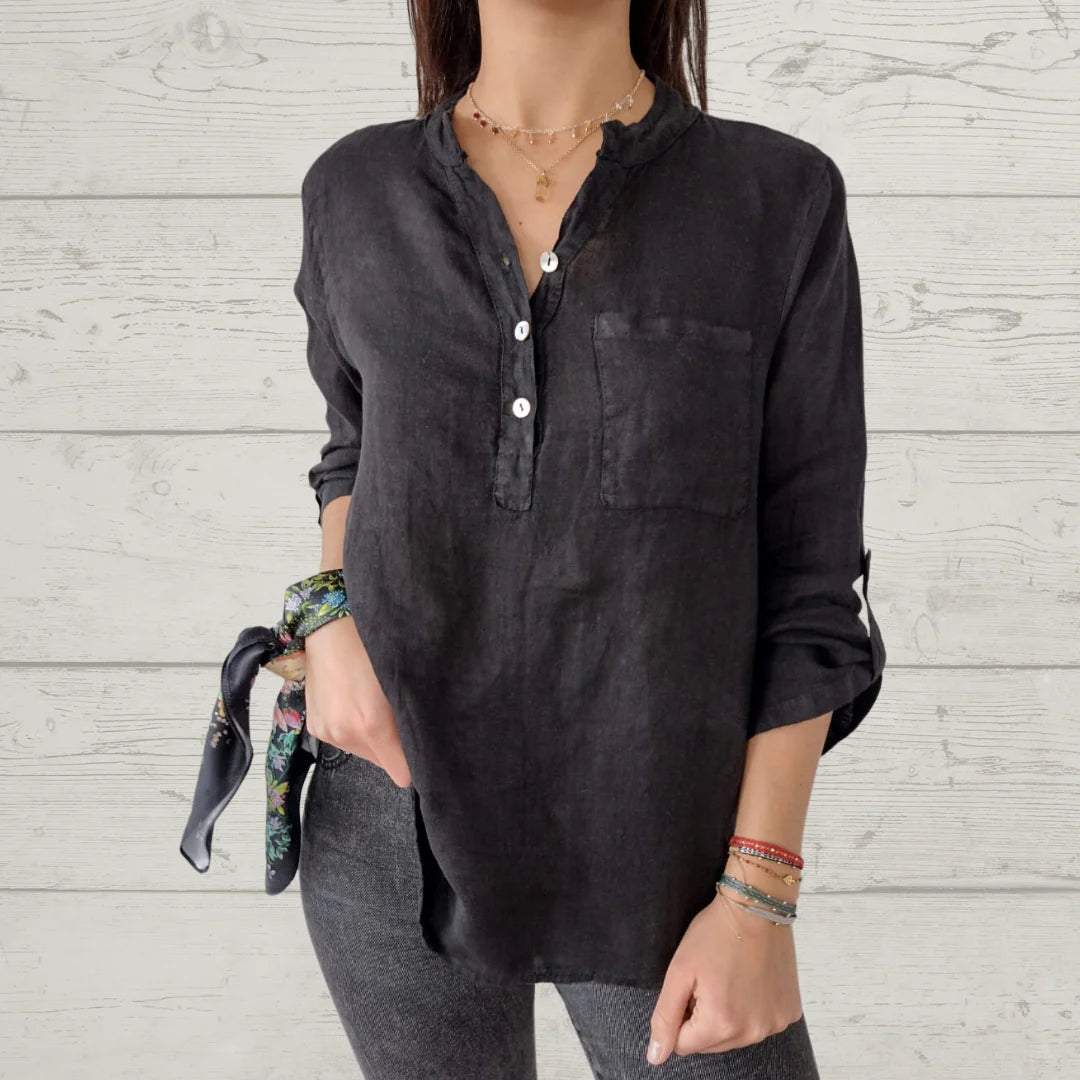 Women's V-neck Mid-sleeve Cotton and Linen Casual Top