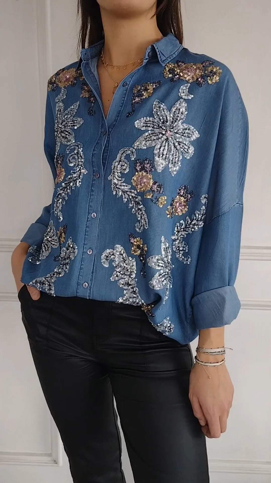 Women's Lapel Sequin Printed Shirt