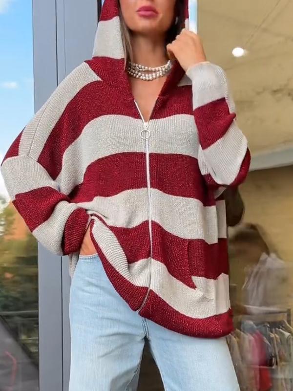 Women's Casual Hooded Striped Zip-up Jacket