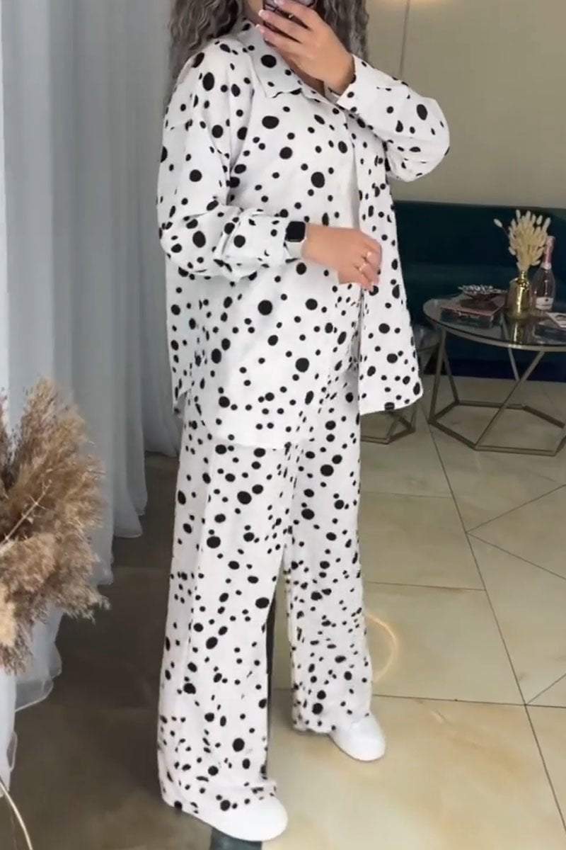 Women's Casual Polka Dot Print Long Sleeve Two Piece Set