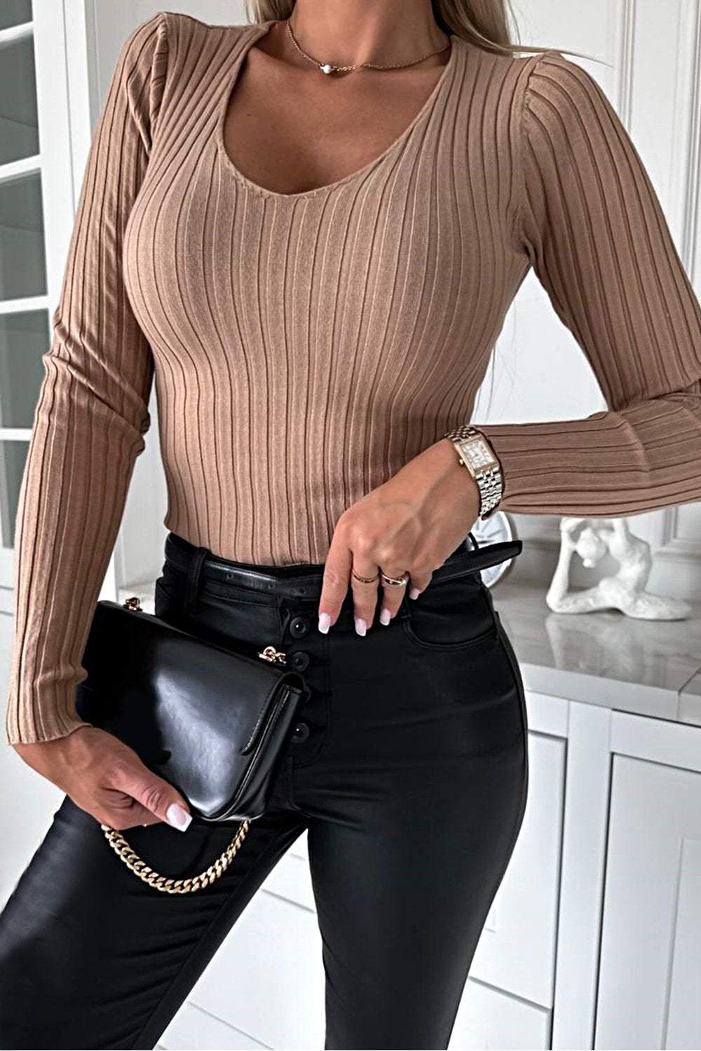 Women's Solid Color Textured Slim Stretch Blouse