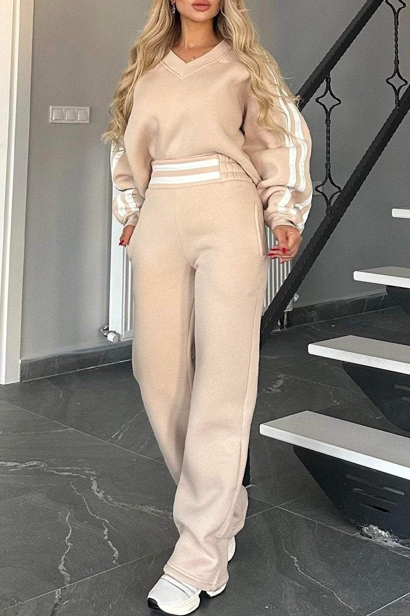 V-neck Long-sleeved Striped Design Casual Sweatshirt Suit