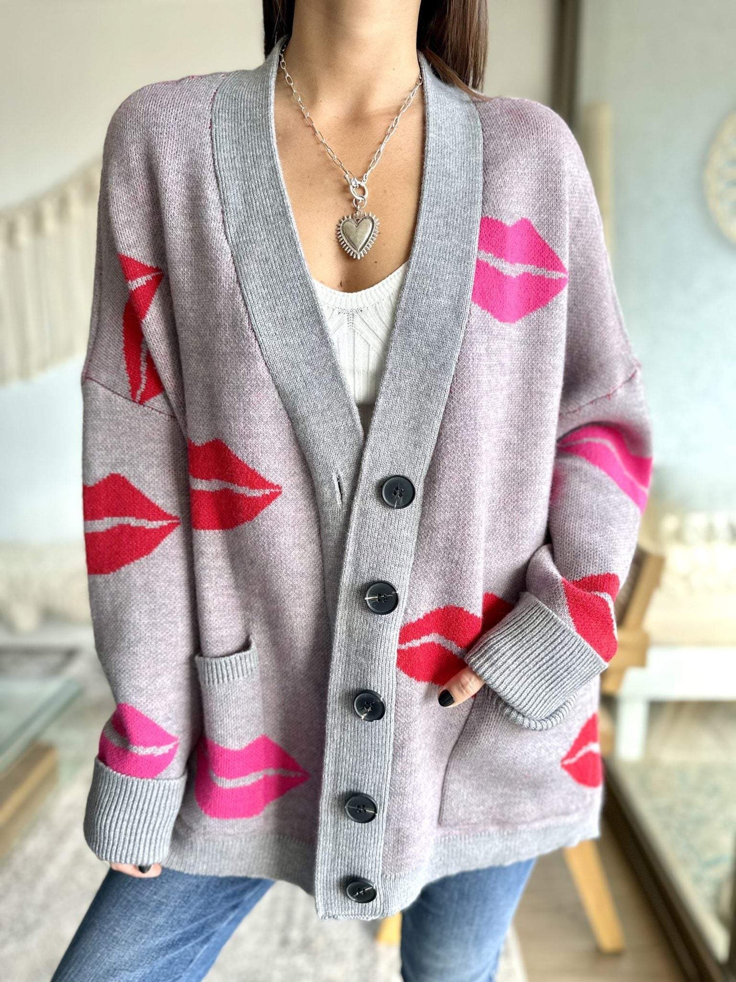 Women's Casual Lip Print Knitted Cardigan