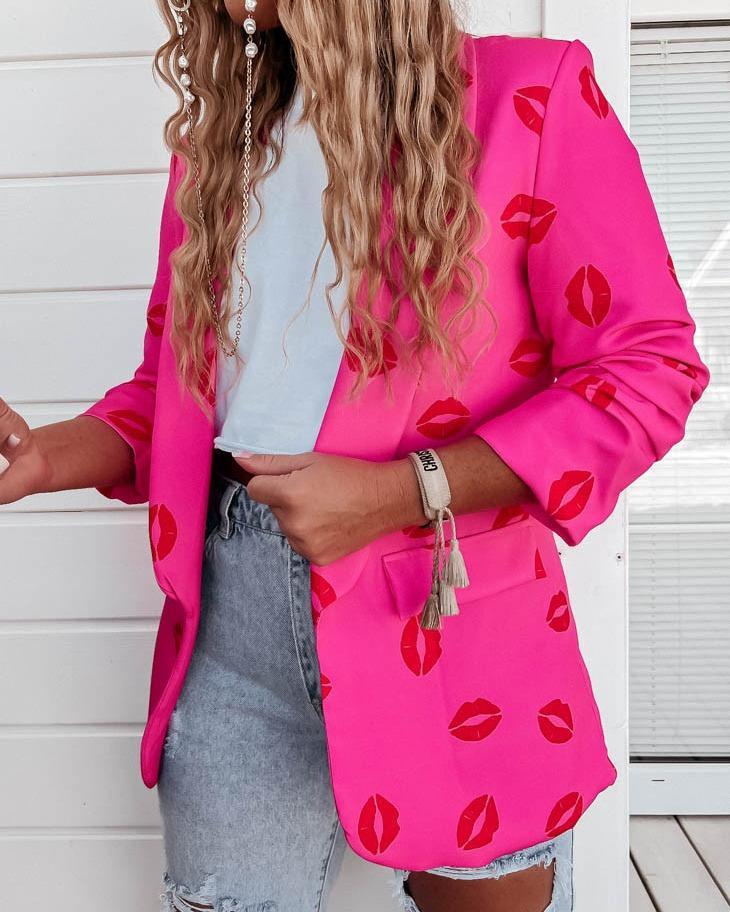 Women's Lips Printed Casual Blazer Tops