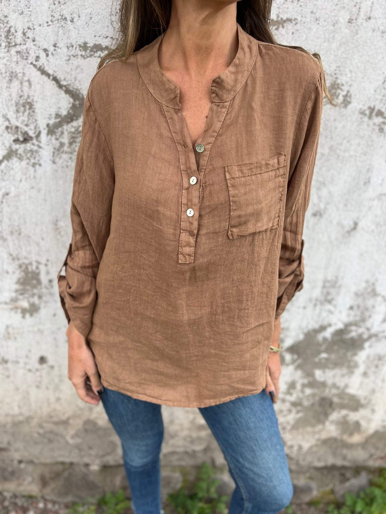 Women's Cotton and Linen V-neck Long-sleeved Casual Top