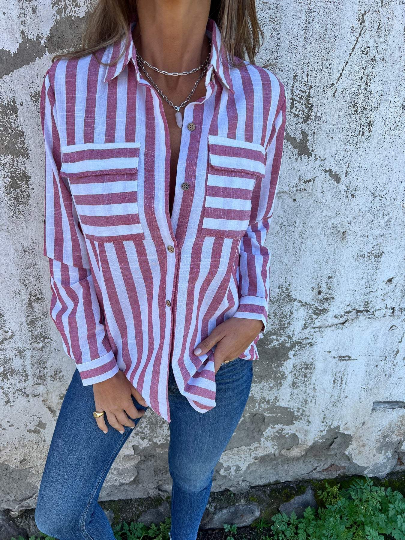 Women's Lapel Long Sleeve Striped Casual Shirt