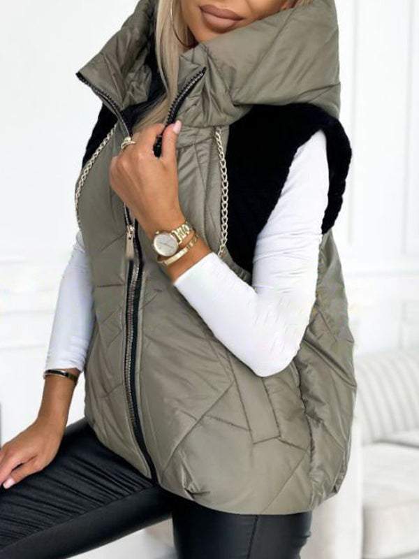 Women's Hooded Knitted Patchwork Sleeveless Casual Cotton Coat