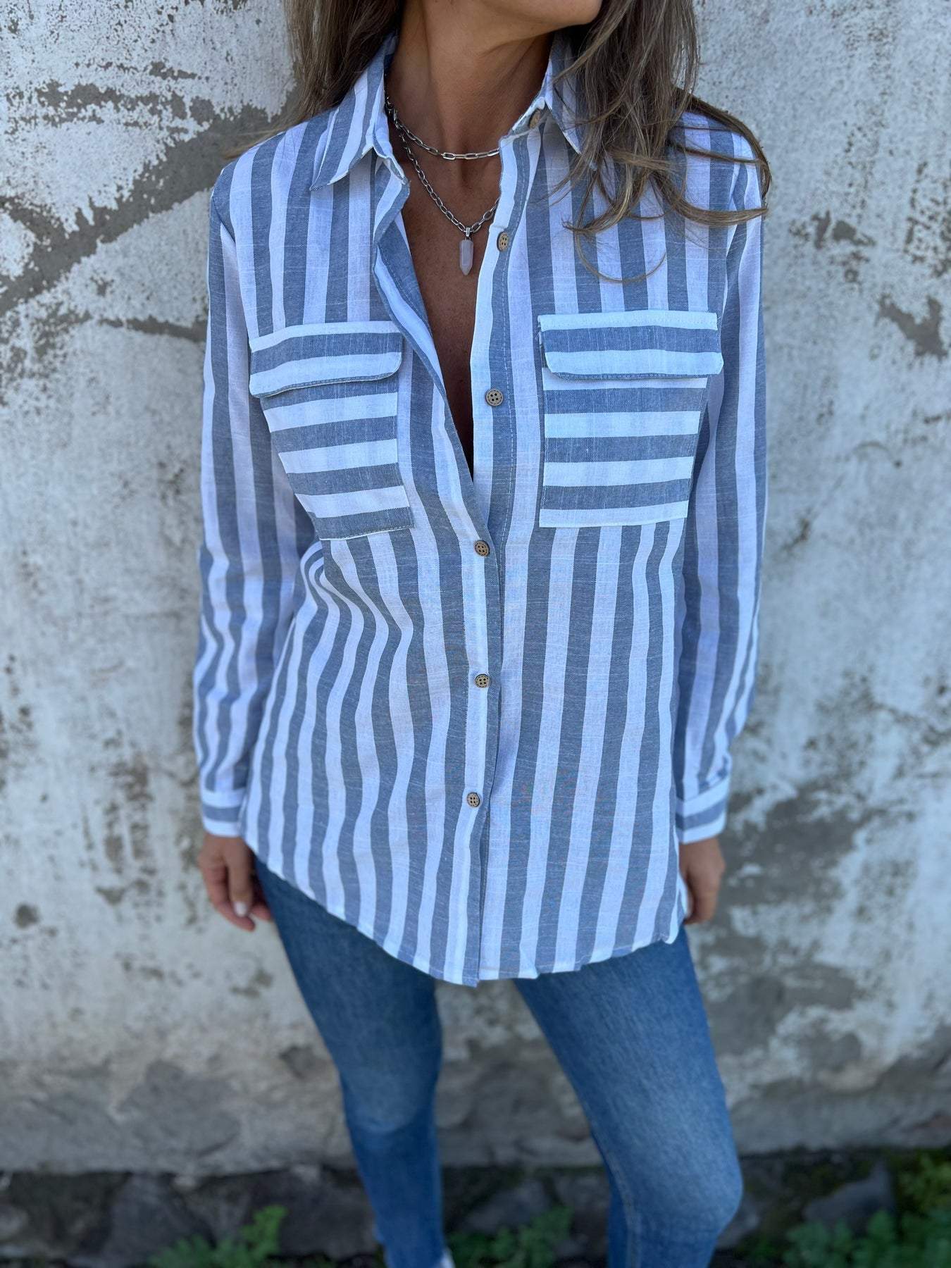 Women's Lapel Long Sleeve Striped Casual Shirt