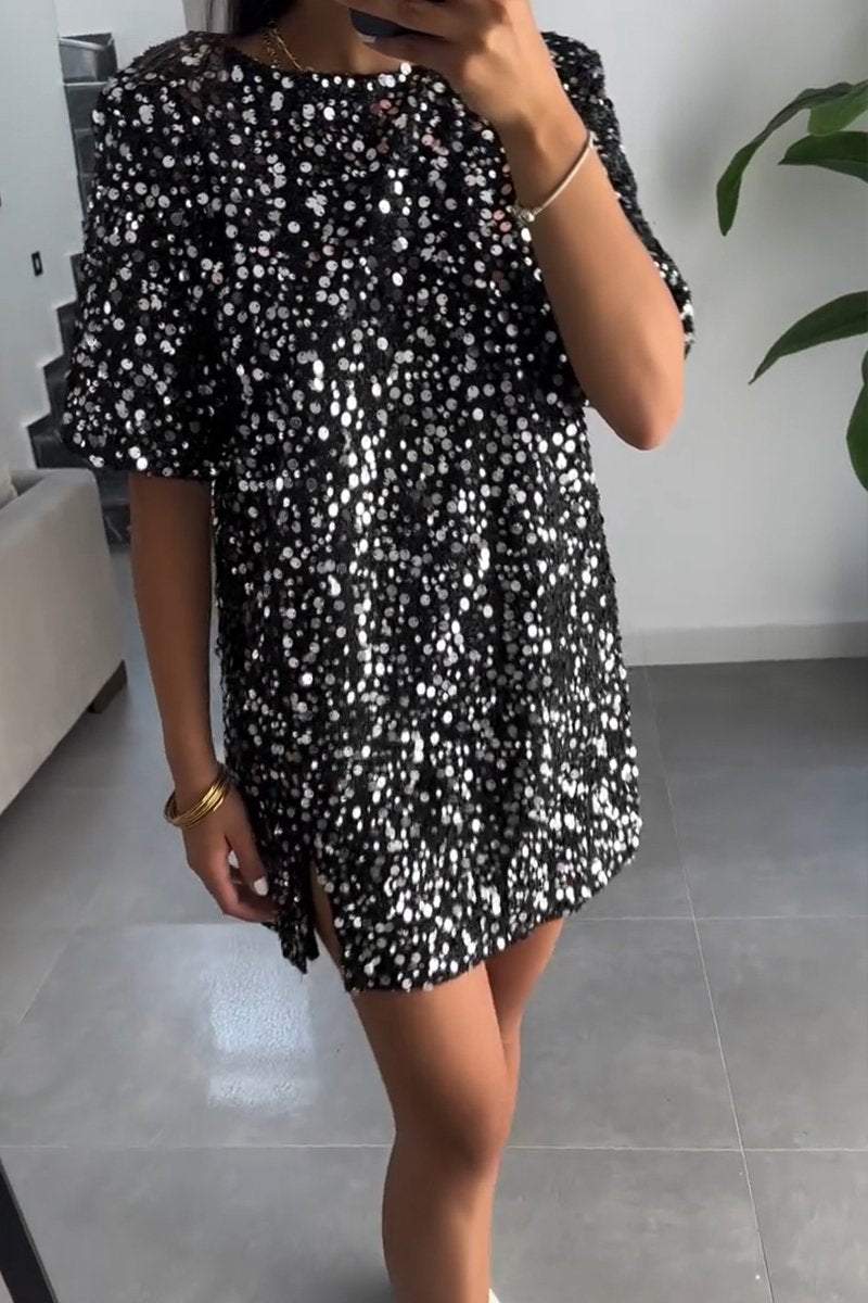 Women's Round Neck Sequined Mid-sleeve Casual Dress