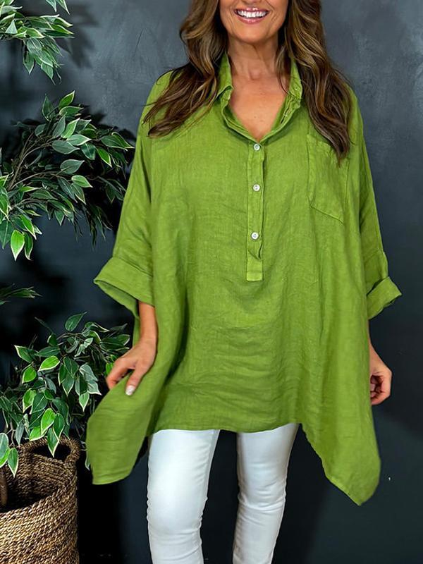 Women's Lapel Solid Color Cotton and Linen Shirt