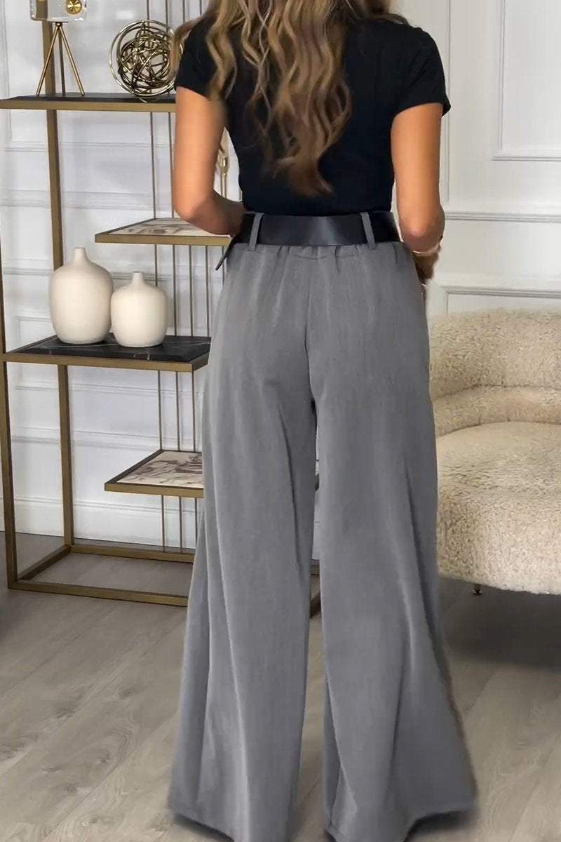 Women's Solid Color Slim Fit Short Sleeve Loose Casual Wide Leg Pantsuit