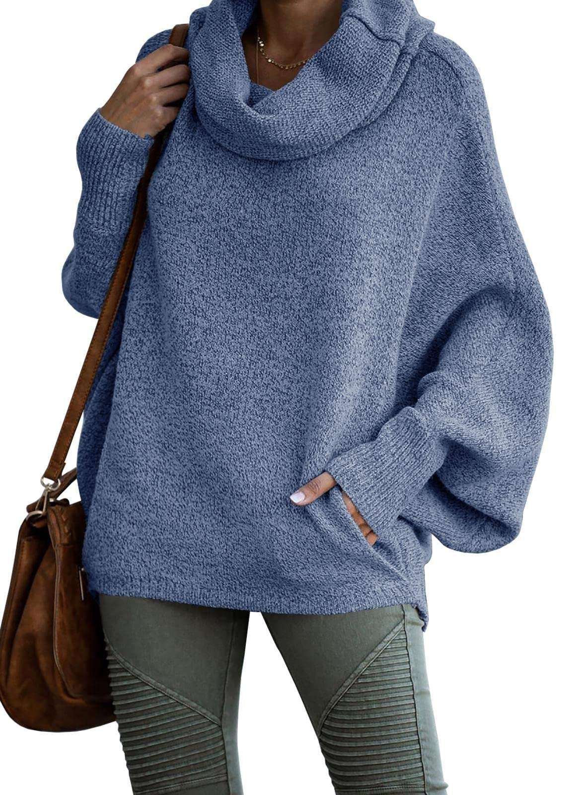 Women's Cowl NeckBatwing Sleeve Pullover Sweater with Pockets