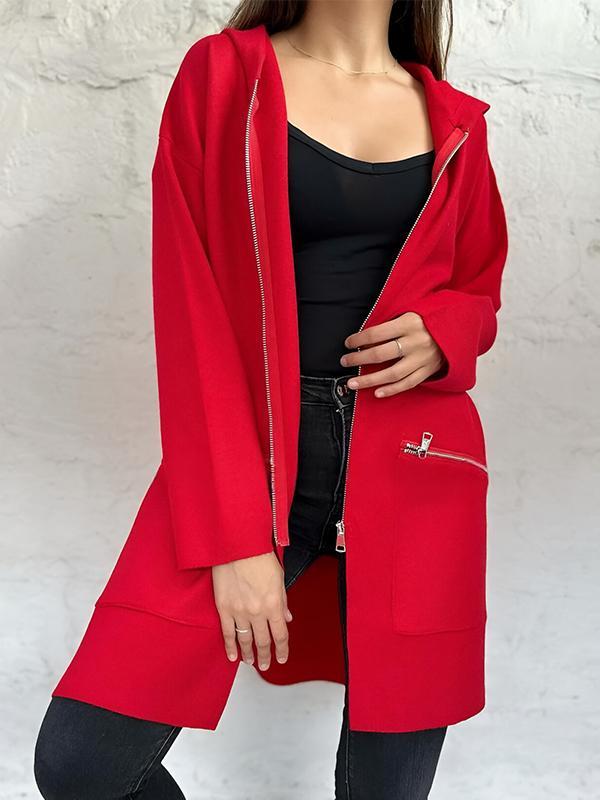 Women's Autumn Hooded Solid Color Zipper Jacket