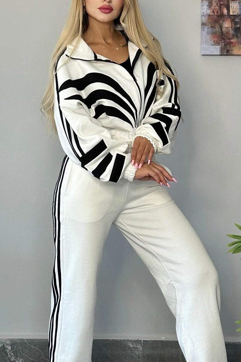 Women's Contrast Color Long Sleeve Pants Suit