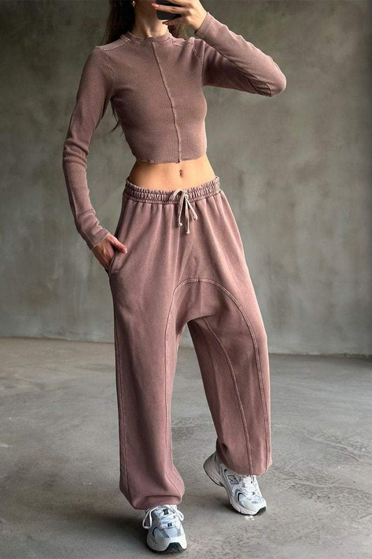 Women's casual round-neck solid color two-piece suit