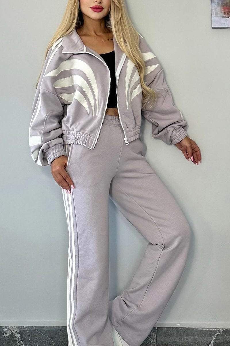 Women's Contrast Color Long Sleeve Pants Suit