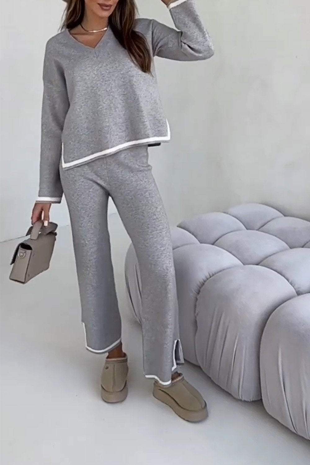 Women's Knitted Sweater Contrast Top and Pants Two-piece Set