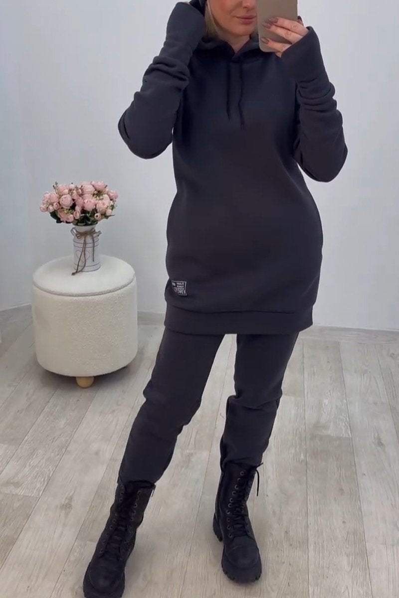 Women's Casual Hooded Solid Color Sweatshirt Two-piece Set