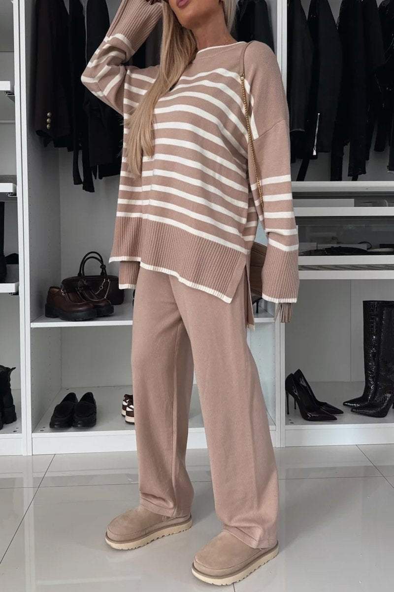 Women's Multi-colored Striped Crew Neck Pullover Casual Knit Suit