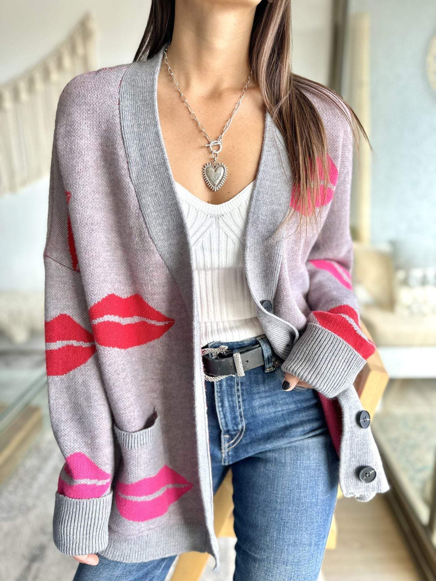 Women's Casual Lip Print Knitted Cardigan