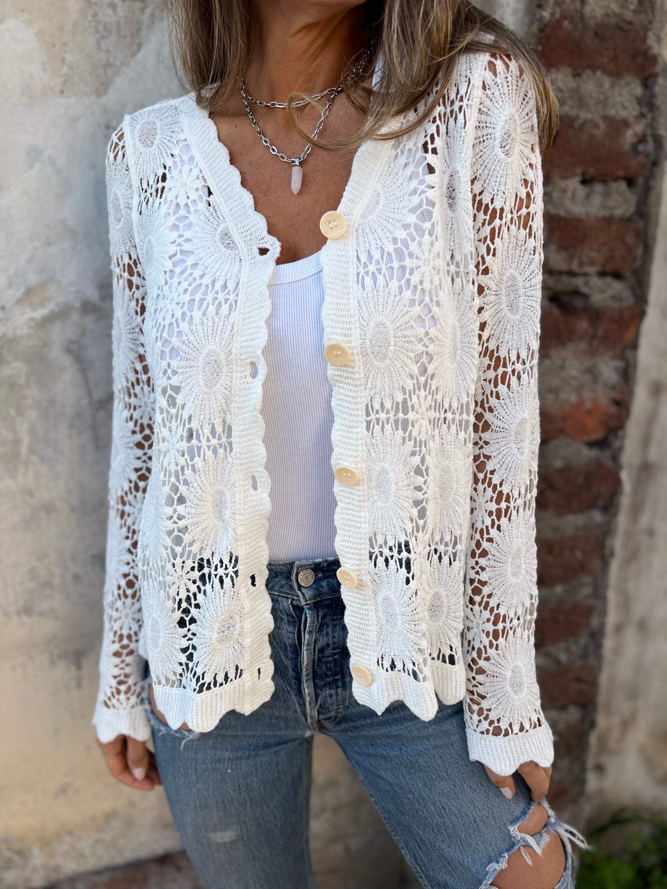 Women's V-neck Long-sleeved Hollow Knitted Cardigan Top