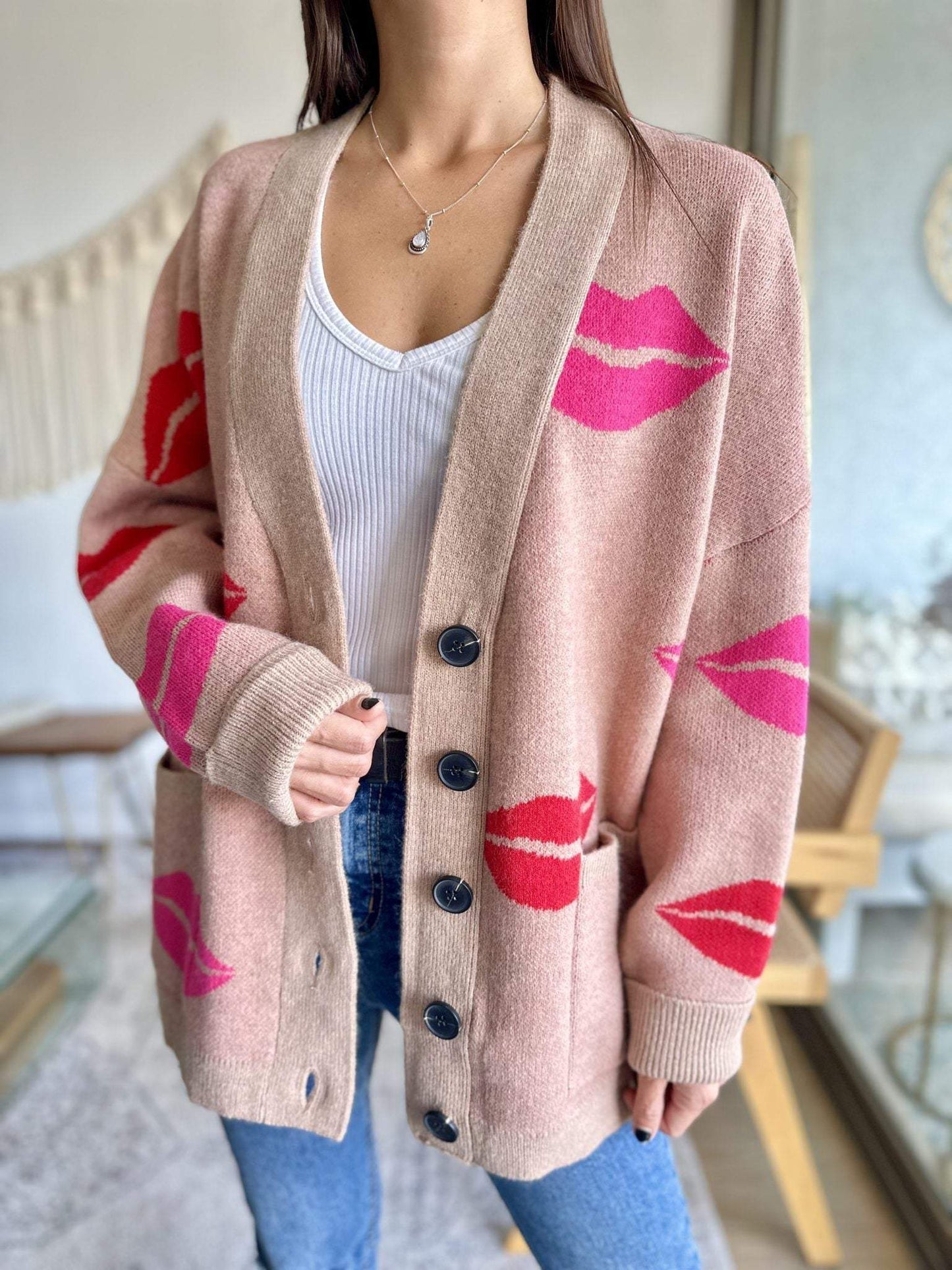 Women's Casual Lip Print Knitted Cardigan