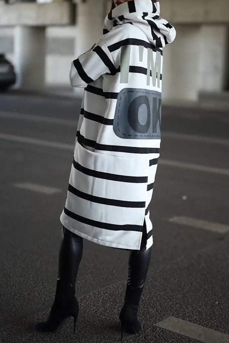 Women's Casual Hooded Striped Mid-length Coat