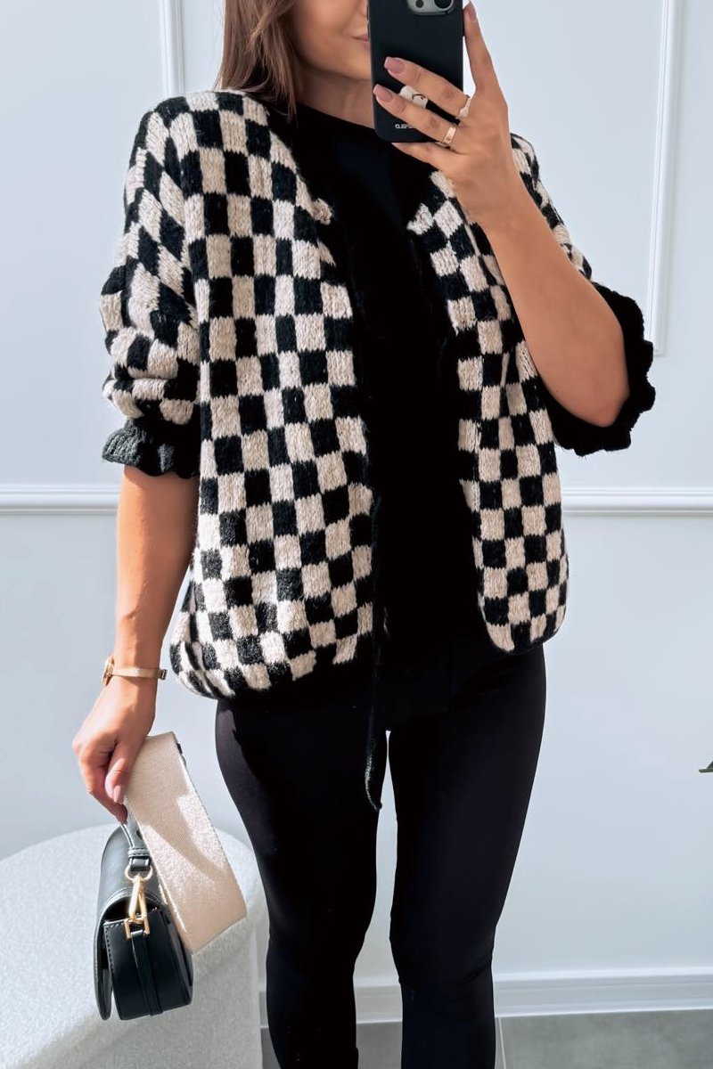 Women's Check Lace-Up Knit Cardigan