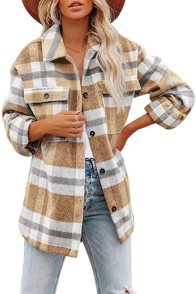 Women's Check Flannel Lapel Button Jacket