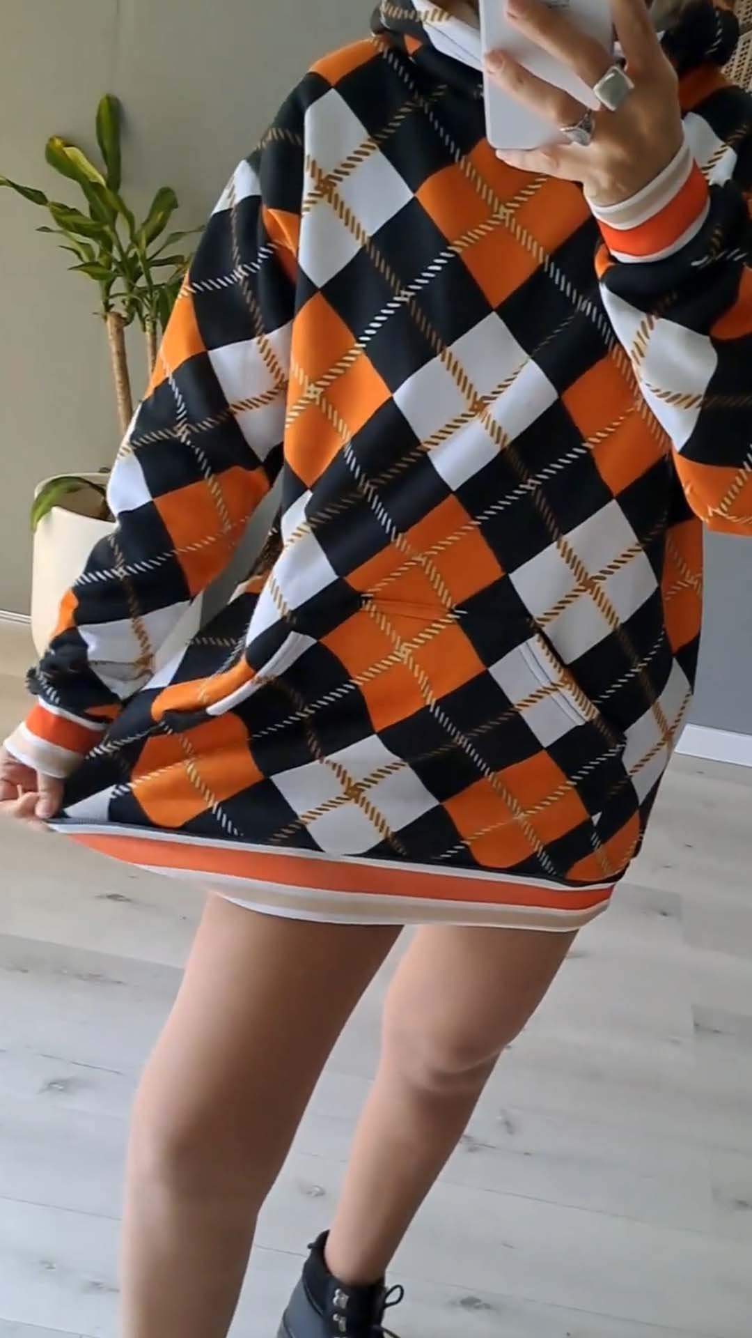 Women's Halloween Casual Plaid Print Hoodie