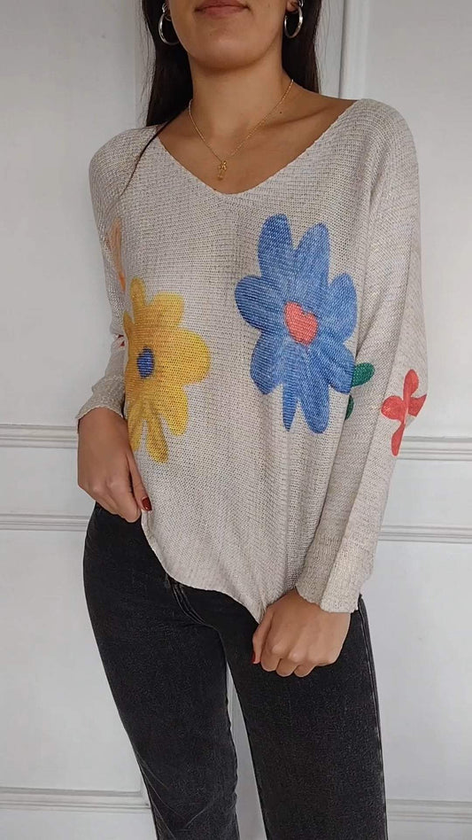 Women's V-neck Printed Knitted Long-sleeved Top