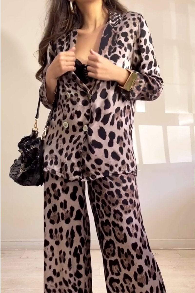 Women's Casual Lapel Leopard Printed Two-piece Suit