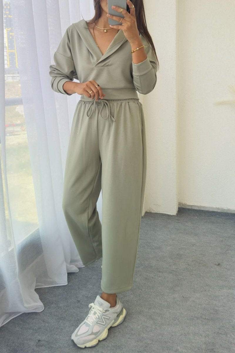 Women's Casual V-neck Hooded Two-piece Suit