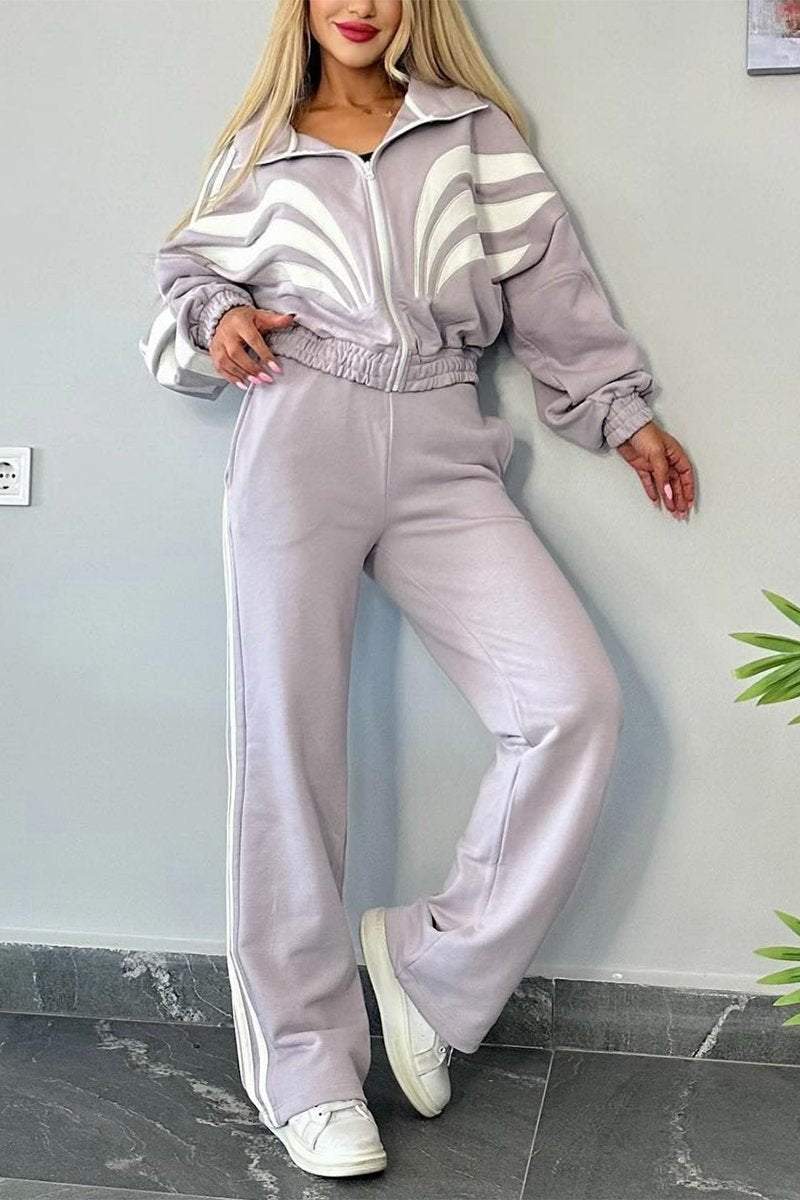 Women's Contrast Color Long Sleeve Pants Suit